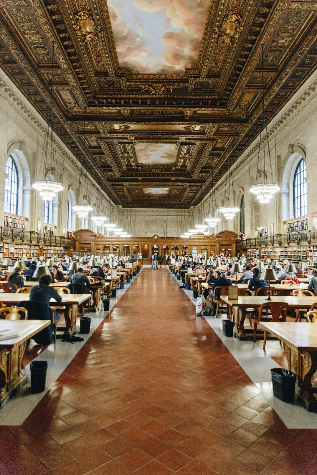 Grand historic library with rows of books
