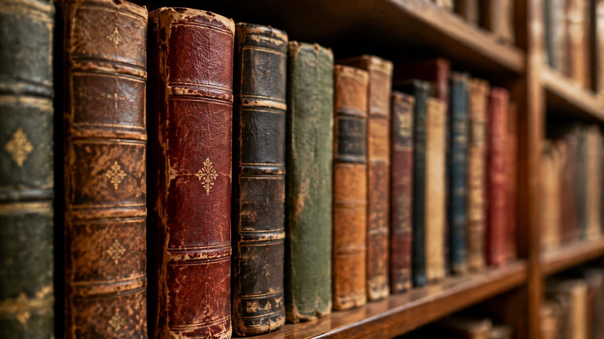 Rows of old books on a library shelf
